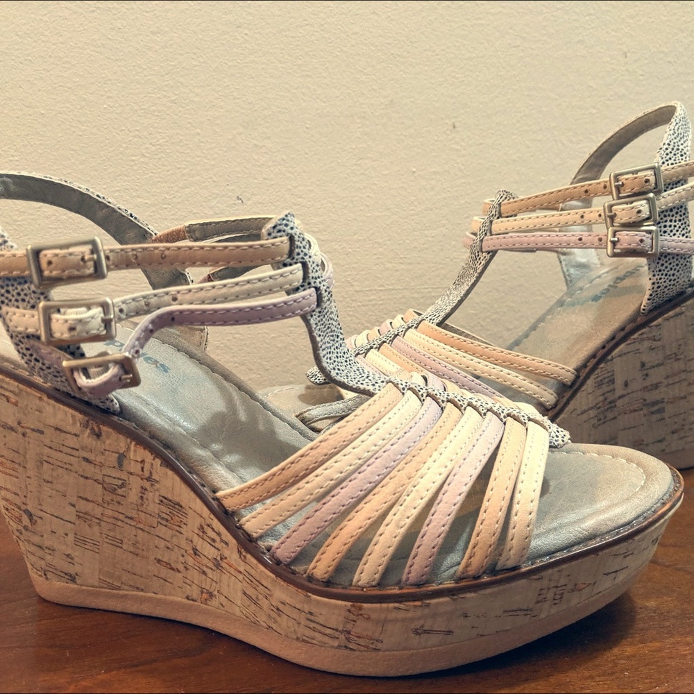 Hush Puppies cork wedges, pink and coral. Like new